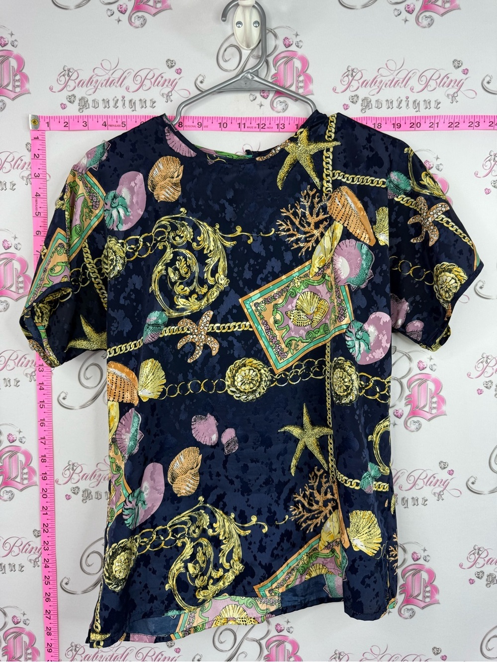Sarah Johnson top Navy Nautical Print Short Sleeve Blouse Gold chain ocean
